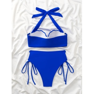 Costum de baie 2 piese cu push-up, slip cu taile inalta si șnururi laterale, albastru #BB2316 - Img 4