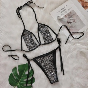 Costum de baie 2 piese metalizat cu paiete si decupaje la sutien, negru #BB2221 - Img 7