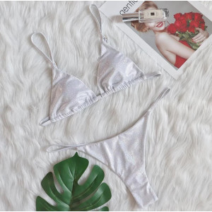 Costum de baie 2 piese sidefat, slip tanga cu cristale decorative la spate, alb sidefat #BB2441 - Img 9