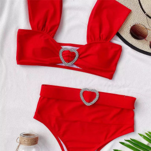 Costum de baie 2 piese, slip cu talie inalta, bretele groase si inimioare decorative, rosu #BB2061 - Img 9