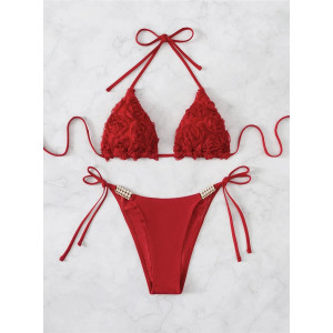Costum de baie 2 piese, sutien cu trandafiri aplicati si slip reglabil cu cristale, rosu #BB2138 - Img 3
