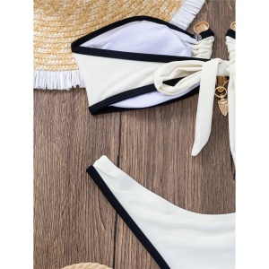Costum de baie 2 piese, sutien fara bretele cu accesoriu metalic auriu , bej/nude #BB2120 - Img 10