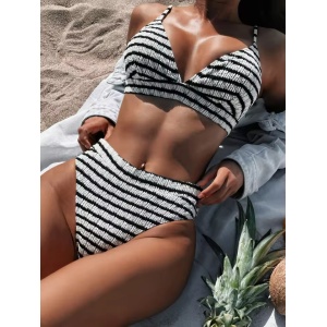 Costum de baie 2 piese texturat, in dungi, slip cu talie inalta, alb/negru #BB2355 - Img 4