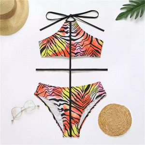 Costum de baie 2 piese unite in fata cu snur, imprimeu zebra, multicolor #BB2074 - Img 5