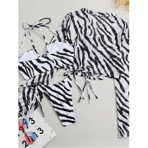 Costum de baie 3 piese cu bluza, slip tanga, imprimeu zebra, alb/negru #BB2352 - Img 15