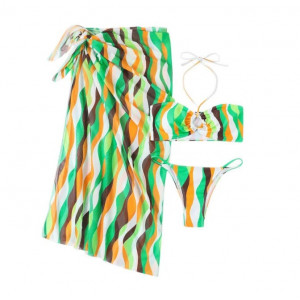 Costum de baie 3 piese cu fusta midi, sutien cu prindere dupa gat, multicolor #BB2321 - Img 4
