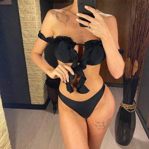 Costum de baie 3 piese cu fusta scurta si volane, negru #BB2110 - Img 12