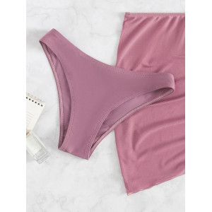 Costum de baie 3 piese cu push-up, fusta ecurta cu snur reglabil, sutien cu perle decorative, roz #BB2557 - Img 5