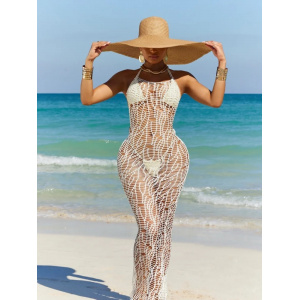 Costum de baie 3 piese cu rochie lunga crosetata, cu spatele gol, slip tanga, alb #BB2021 - Img 2