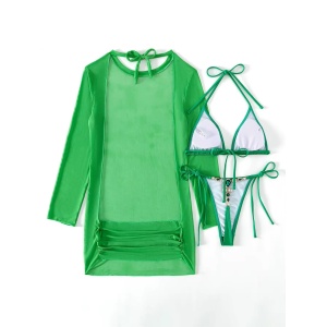 Costum de baie 3 piese cu rochie lungă și pietre decorative la slip, verde #BB2146 - Img 6
