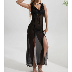 Costum de baie 3 piese, rochie lunga din voal cu crapaturi pe picioare, negru #BB2408 - Img 5