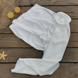 Costum de baie 3 piese texturat cu fusta si trandafir mare decorativ, alb #BB2508 - Img 8