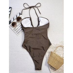 Costum de baie intreg cu decupaje și șnur reglabil, maro #BB1203 - Img 4
