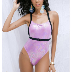 Costum de baie intreg metalizat, cu spatele gol, imprimeu sarpe, roz #BB1097 - Img 1