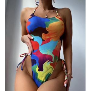 Costum de baie intreg tanga, cu snururi reglabile si spatele gol, multicolor #BB1042 - Img 3