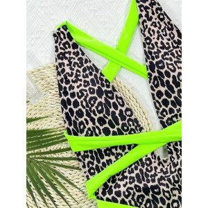 Costum de baie intreg versatil, decolteu adanc, imprimeu leopard, negru/ bej/ verde neon #BB1012 - Img 5