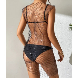 Rochie de paja scurta din plasa cu cristale decorative, negru #BB1080 - Img 2