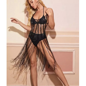 Rochie de plaja midi crosetata fin cu franjuri lungi si strasuri argintii, negru #BB1104 - Img 3