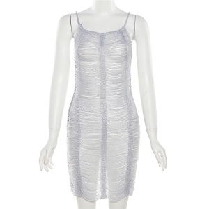 Rochie de plaja scurta crosetata fin, metalizata, franjuri orizontale, argintiu #BB1190 - Img 14