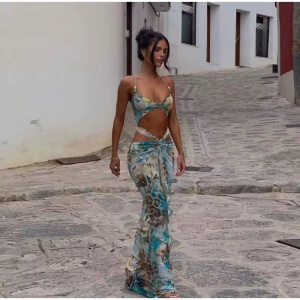 Rochie lunga de plaja cu decupaj in zona abdomenului, multicolor #BB2037 - Img 3