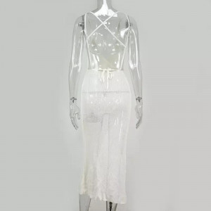 Rochie lunga de plaja, tricotata, cu decolteu, crapatura pe picior si spatele gol, alb #BB1147 - Img 16