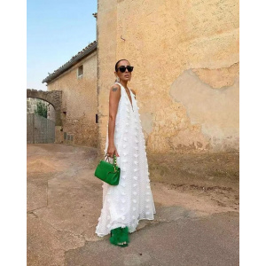 Rochie lunga de plaja vaporoasa, oversize, cu spatele gol si broderie in relief, alb #BB1022 - Img 5
