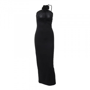 Rochie lunga sexy mulata cu trandafir decorativ detasabil, negru #BB1119 - Img 17