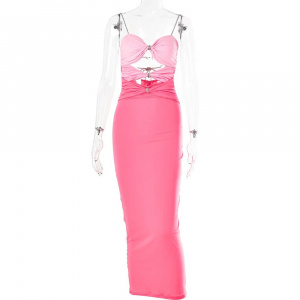 Rochie lunga sexy mulata, decupaje si accesorii metalice cu cristale, roz/roz neon #BB1101 - Img 12