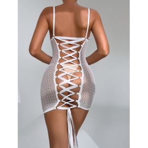 Rochie sexy de noapte din dantela elastica cu snur reglabil la spate, alb #BB4082 - Img 1