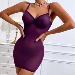 Rochie sexy de noapte din dantela fina elastica cu snur reglabil la spate, mov #BB4339 - Img 2
