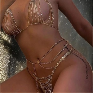 Set body chain sutien si slip cu cristale transparente si lanturi, argintiu #BB4705 - Img 3