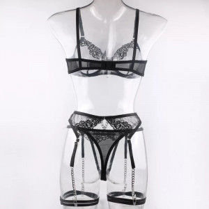 Set lenjerie intima se y din dantela brodata si lanturi decorative, negru, 4 piese #BB4003 - Img 14
