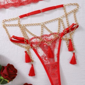 Set lenjerie intima sexy brodata, cu insertii de tul si lanturi decorative, rosu/ nude, 4 piese #BB4119 - Img 14