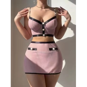 Set lenjerie intima sexy cu bretele metalice și perle decorative, roz, 3 piese #BB4732 - Img 5