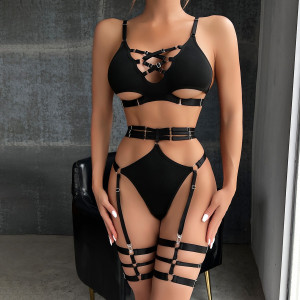 Set lenjerie intima sexy cu decupaje si bretele reglabile, negru, 2 piese #BB4462 - Img 1