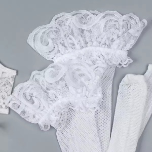 Set lenjerie intima sexy din dantela, body cu snururi laterale si ciorapi plasa inalti, alb, 2 piese #BB4300 - Img 12