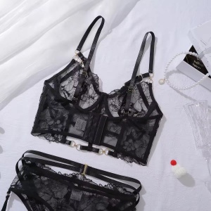 Set lenjerie intima sexy din dantelă, chilot cu talie înaltă și portjartier, negru, 3 piese #BB4736 - Img 7