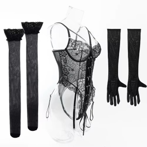 Set lenjerie intima sexy din dantela cu body, manusi si ciorapi plasa, negru, 3 piese #BB4408 - Img 19