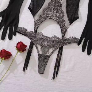 Set lenjerie intima sexy din dantelă cu broderie și mănuși lungi , negru, 3 piese #BB4751 - Img 10