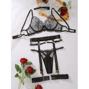 Set lenjerie intima sexy din dantela cu elemente metalice aurii, negru, 5 piese #BB4174 - Img 6