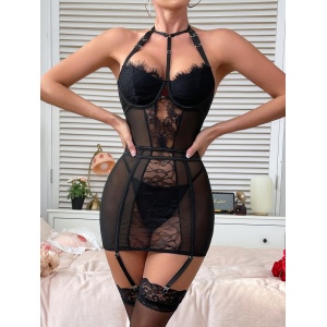 Set lenjerie intima sexy din dantela cu rochie, chilot si ciorapi, negru, 3 piese #BB4487 - Img 6