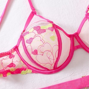 Set lenjerie intima sexy din dantela fina brodata, inimioare decorative si manusi, roz neon, 6 piese #BB4713 - Img 16