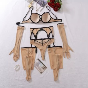 Set lenjerie intima sexy din dantela fina elastica cu manusi si ciorapi inalti, nude , 5 piese #BB4038 - Img 13
