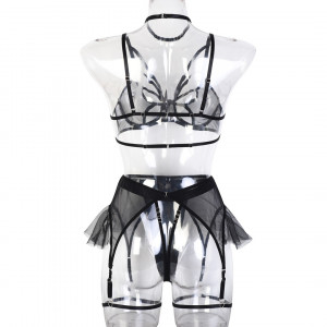 Set lenjerie intima sexy din dantela finala elastica si piele ecologica, negru, 5 piese #BB4196 - Img 17