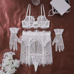 Set lenjerie intima sexy din dantela si puf cu manusi, alb, 4 piese #BB4756 - Img 7