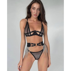  Set lenjerie sexy din dantela plasa, lanturi decorative, negru, 3 piese #BB4165 - Img 5