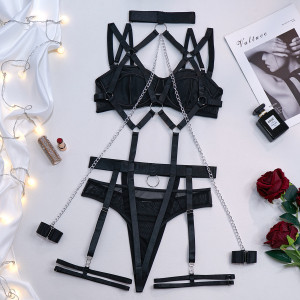 ❗Super Oferta❗Set lenjerie intima sexy cu benzi elastice, lant decorativ si catuse, negru, 4 piese #BB4268 - Img 7