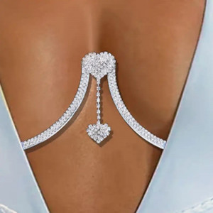 Body chain pentru bust cu cristale transparente, detaliu inimioara, argintiu #BB4516 - Img 2