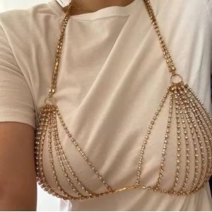 Body chain tip sutien metalic cu cristale transparente, auriu #BB4704 - Img 3