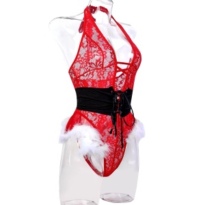 Body craciunita sexy din dantela, cu brau reglabil detasabil si puf alb decorativ, rosu, 2 piese #BB4129 - Img 14
